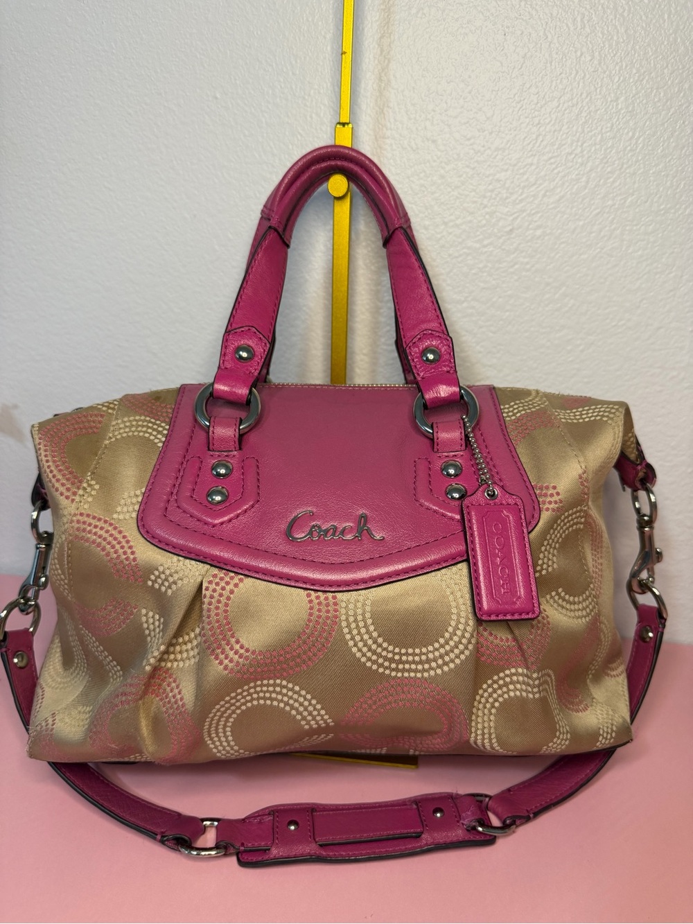 Coach Tan and Pink Signature Dome Satchel